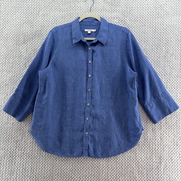 Chicos Top Womens 2 US12 Blue Linen Chambray Button Front 3/4 Sleeves Casual - Picture 1 of 12
